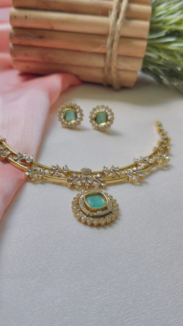 Premium Antique Gold Ad Necklace(Aqua Green) - Image 2