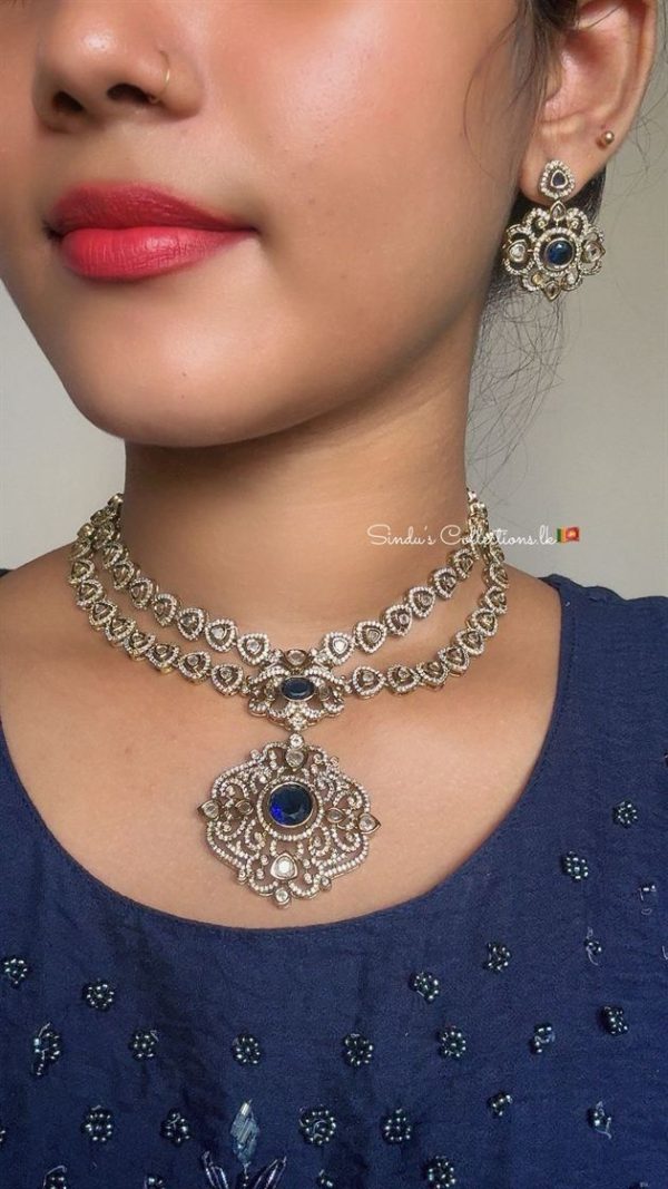Victorian Diamond necklace with earrings(Blue stone)