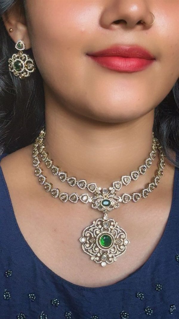Victorian Diamond necklace with earrings(Green stone)