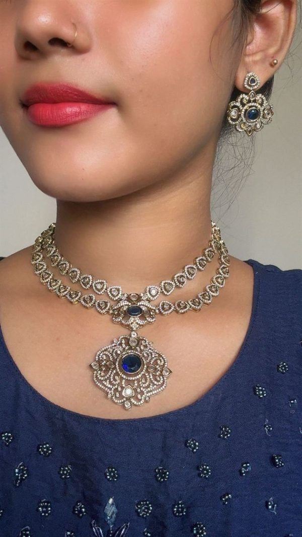 Victorian Diamond necklace with earrings(Blue stone) - Image 2